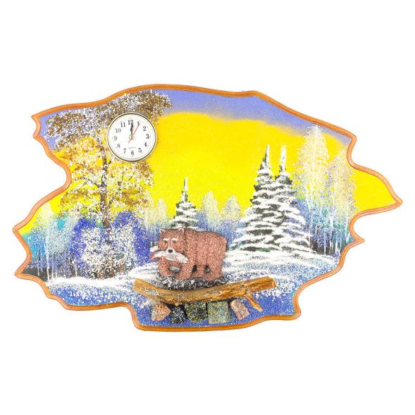 Часы с картиной &amp;quot;Медведь с рыбой зима&amp;quot; 50х32 см каменная крошка 119624