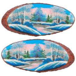 Панно на срезе дерева "Зима" горизонтальное 50-55 см каменная крошка