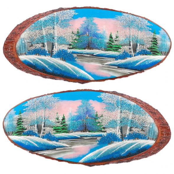 Панно на срезе дерева &amp;quot;Зима&amp;quot; горизонтальное 50-55 см каменная крошка 120490