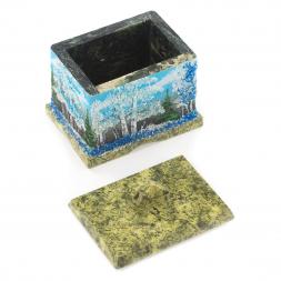 Шкатулка змеевик рисунок Зима 9х6,5х7,5 см