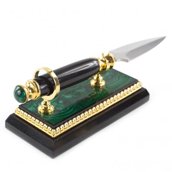 Канцелярский нож для бумаг на подставке из малахита в подарочной коробке 121014
