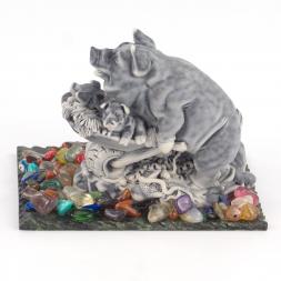 Сувенир "Хряк с поросятами в тачке" из мрамолита